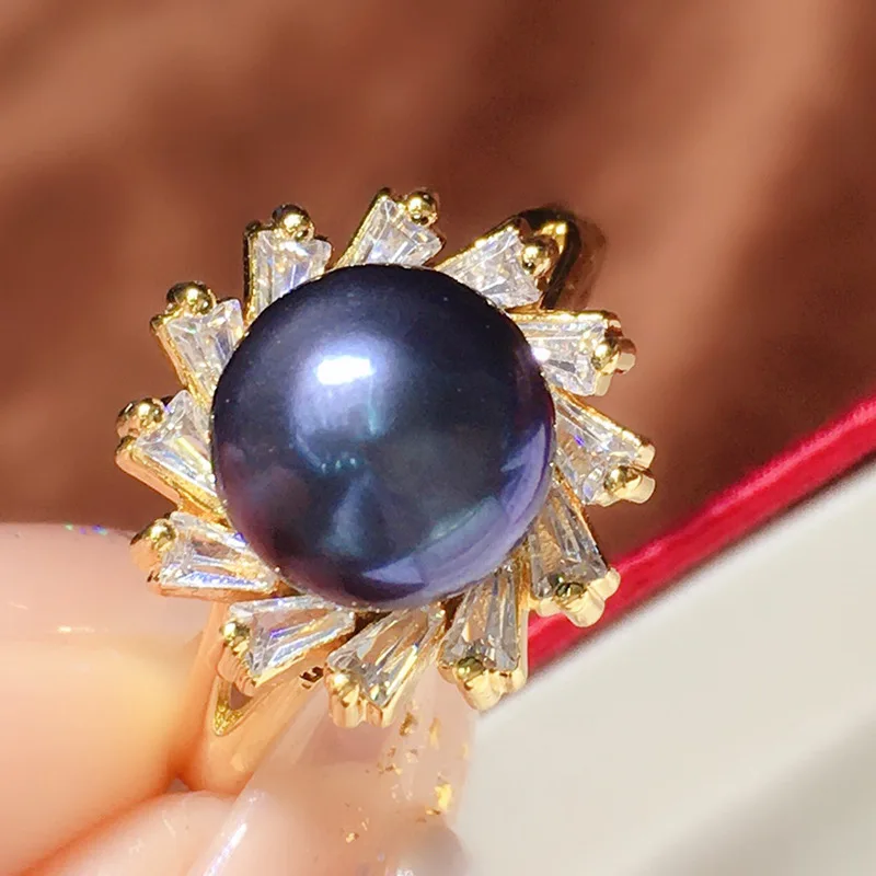 8-9mm Natural real freshwater Black Pearl bride jewelry White Zircon Classic Pearl Necklace Earrings Ring Set