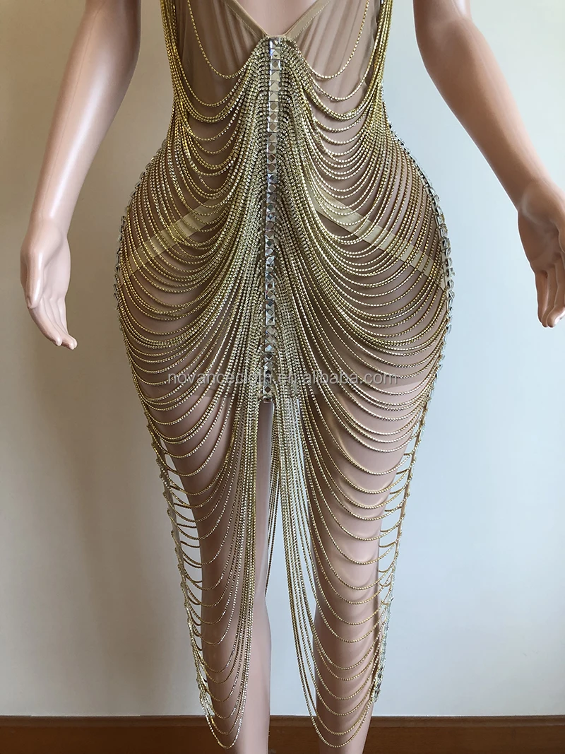 New Arrival Product Unique Special Design Night Club Dresses Sexy Women Sexy Shiny  Chain Hollow Out Gown Prom Dress