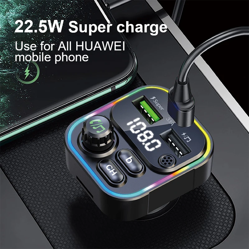 New 22.5W Car Kit FM Transmitter handsfree multifunction wireless  MP3 Player 3 Usb Port Car Charger Type C Charger Adapter