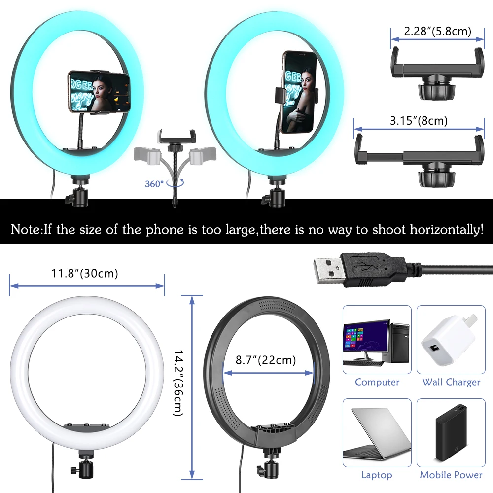 Wholesale price professional multicolor circle portable selfie stick studio phone desktop 12 inch rgb ring light