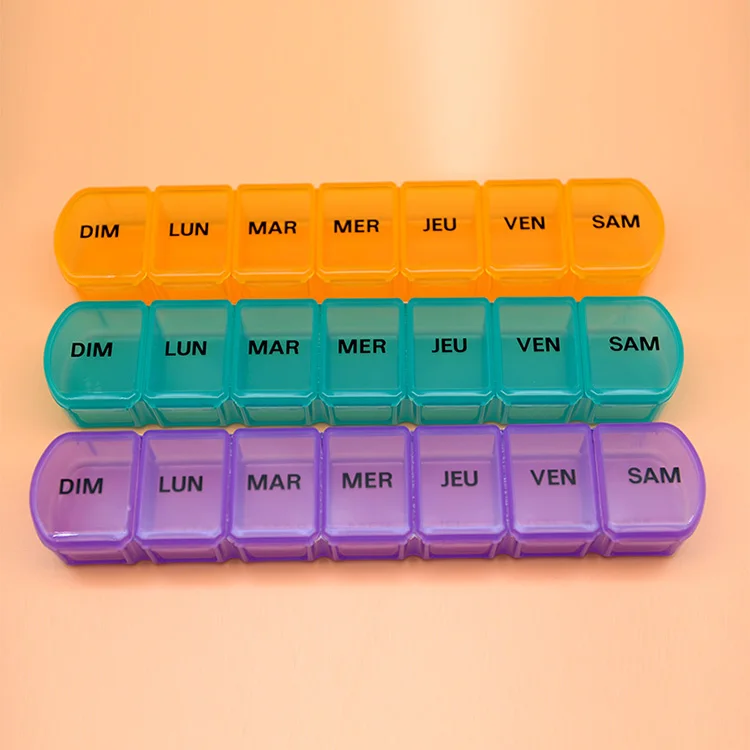Wholesale Weekly Pill Boxes. Weekly 7-compartment pill box. No bpa. convenient pp food grade material pill box.