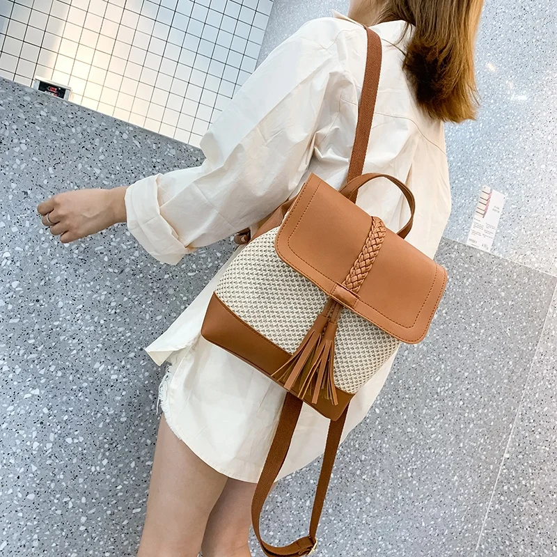 2021 New Arrival Straw Bags Casual Girl Back Pack Vintage Small Cute Ladies Backbag With Tassel