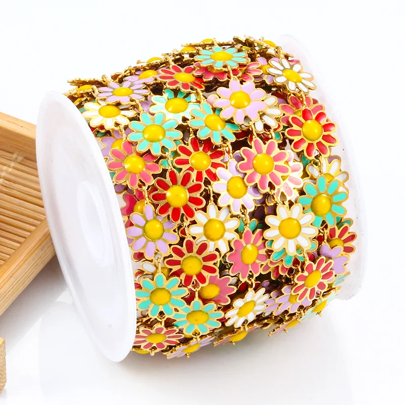 bulk stainless steel 18k gold chain waterproof spool enamel rainbow colored daisy flower handmade accessories chain diy