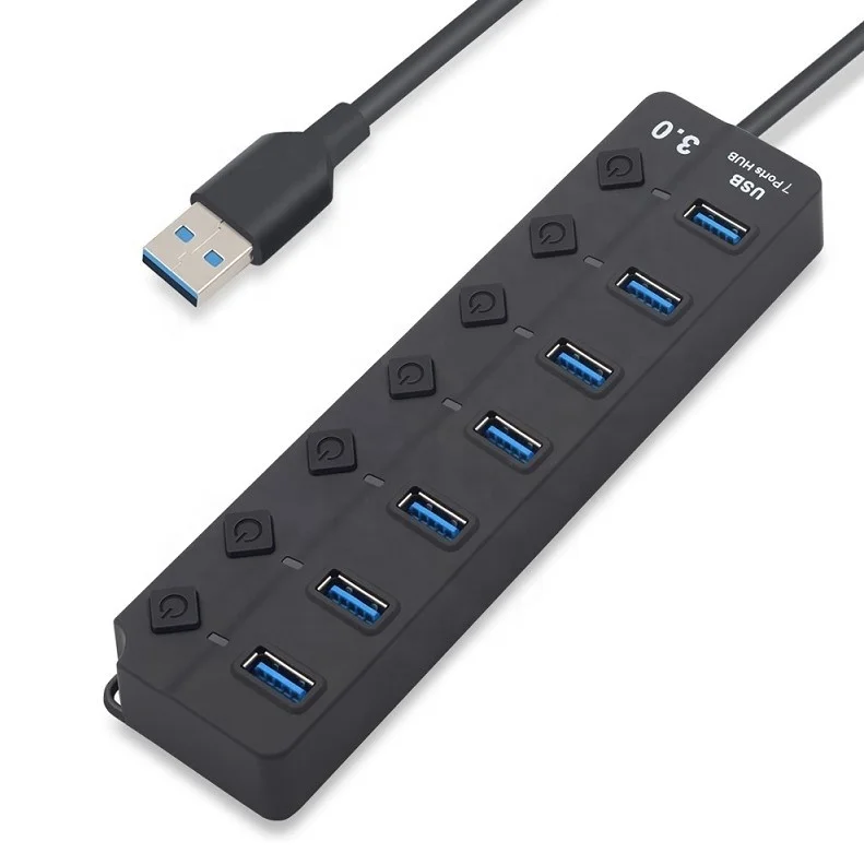 
Hot seil 7 Ports USB Hub High-speed USB 3.0 Ports Hub with Individual Switches LEDs 