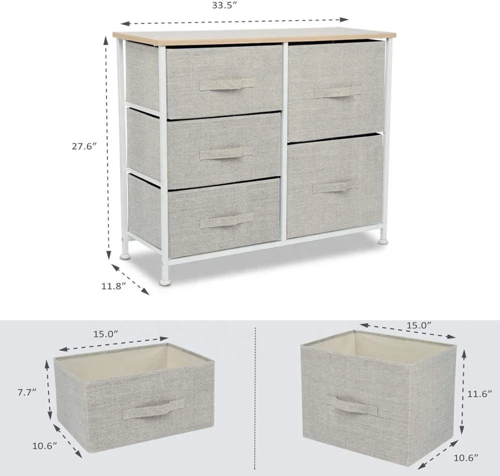 Steel frame New Deisegn Fabric Boxes 5 Drawers - Linen/Natural Design Vertical Dresser Storage Tower