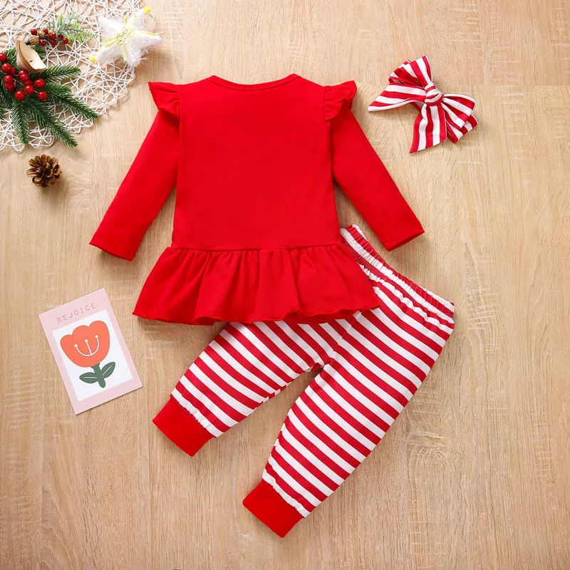 New RTS Cute Autumn Clothing Red Winter deer Cotton 2pcs Kids Long sleeve Baby Girls Christmas Shirt tops sweater Pants Sets