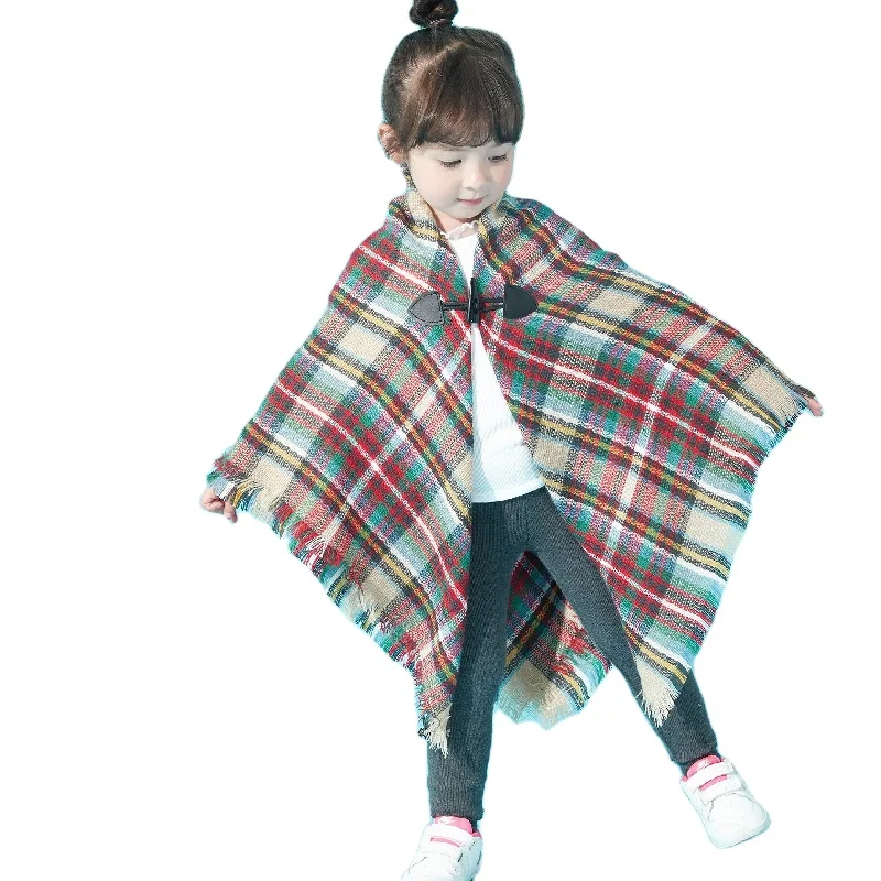 Wholesale Plaid Triangle Acrylic Girls Open Poncho Cape Children Kids Scarves & Shawls