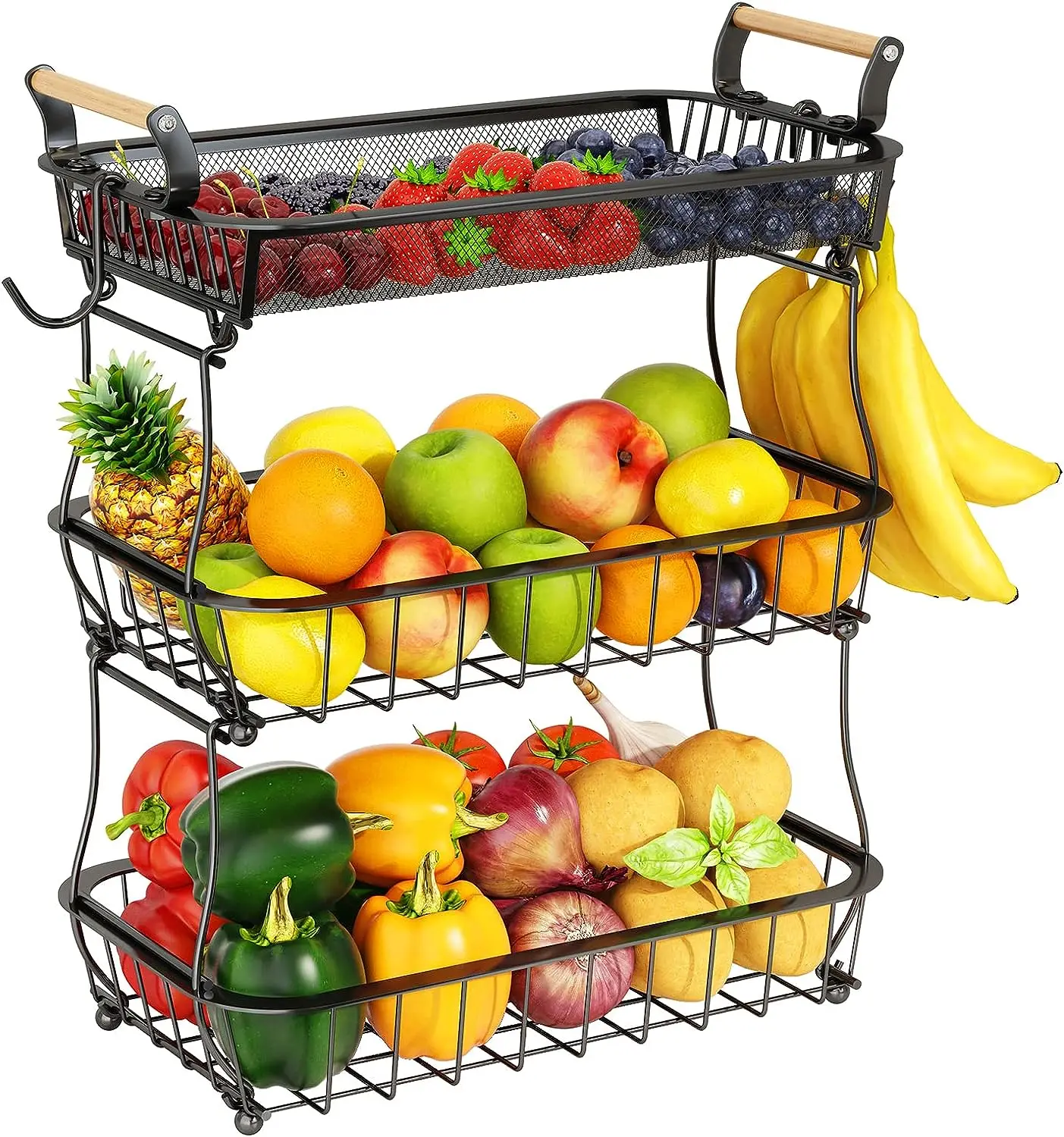 3 Tier Fruit Basket Bowl with 2 Banana Hangers for Kitchen Counter, Vegetable Countertop Produce Storage Holder