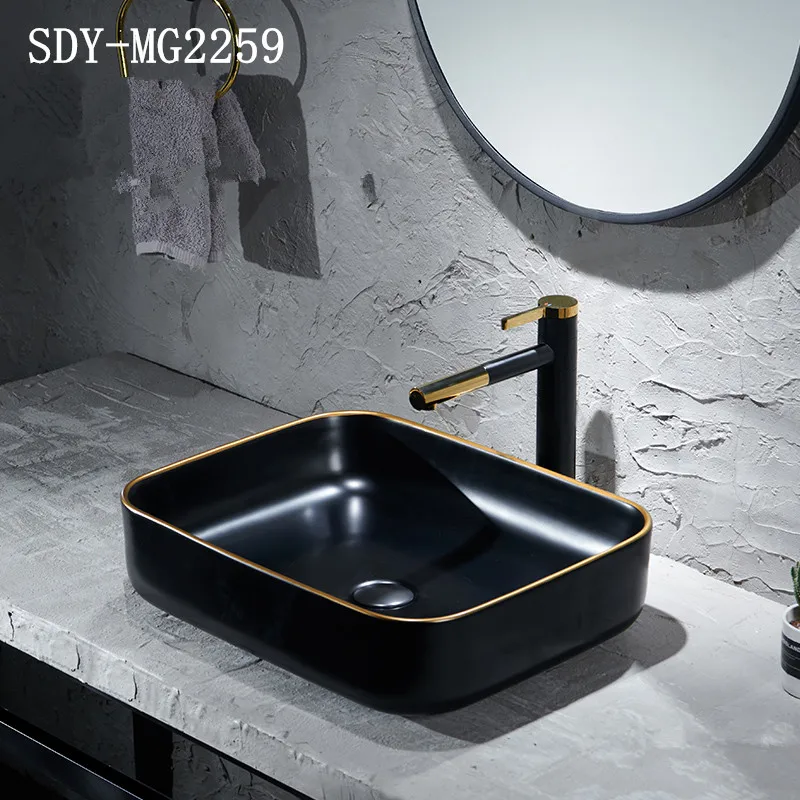 bathroom matt black gold color basin ceramic black color design wash basin sink