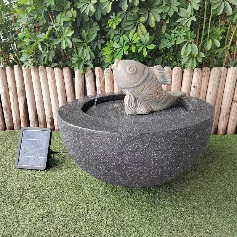 Fish Statue Fiber Stone Solar Water Fountain with Led Light for Outdoor Garden Decoration