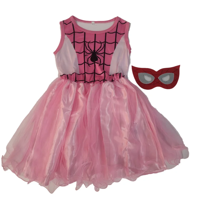 Blue Pink Spider Web Dress for Girls Sleeveless Anime Cartoon Princess Fancy Party costume with Face Shield Cosplay Children