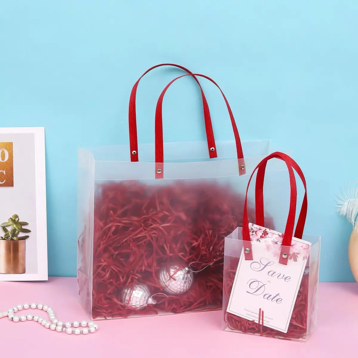 Custom Logo Design Printed Carrier Handle Shopping Plastic Wedding Gift Packing Bag with Ribbon