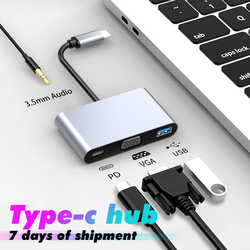 Aluminium 4 in 1Type C Hub Type-c to 87w PD 4 port VGA Audio multifunction USB3.0 usb c hub 3.0 adapter stand splitter suppliers