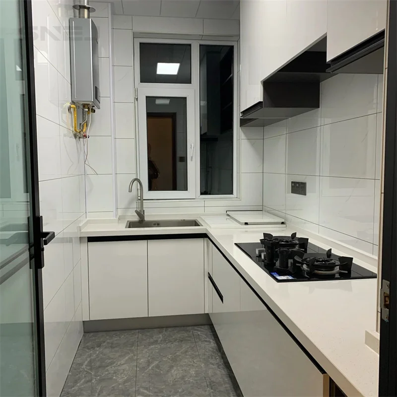 SNEJ Contemporary Flat Panel Kitchen Cabinets L-shaped Custom Kitchen Cabinets Mid Century Wood Kitchen Cabinets