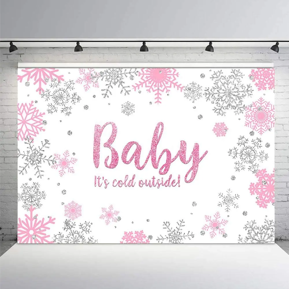 7x5ft Winter Girl Baby Shower Photo Background Props Snowflakes Pink and Silver Backdrops Party Decoration