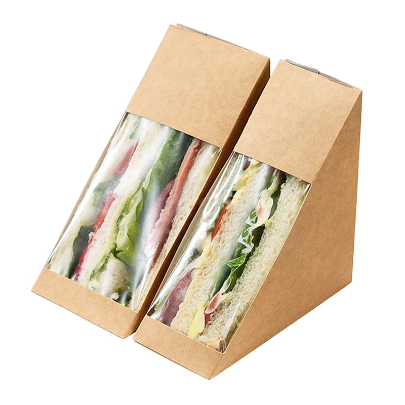 Custom eco carry kraft paper packaging triangle sandwich lunch boxes with clean PET plastic window