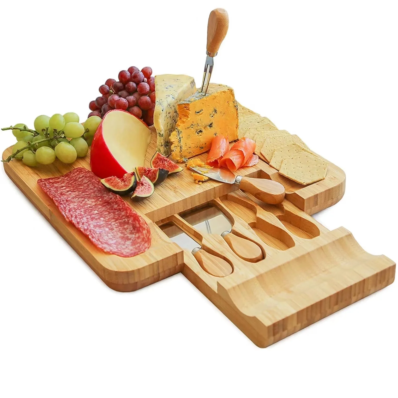 Unique Square Bamboo Cheese Board and Knife Set Serving Tray Multifunction Charcuterie Platter for Crackers Meat