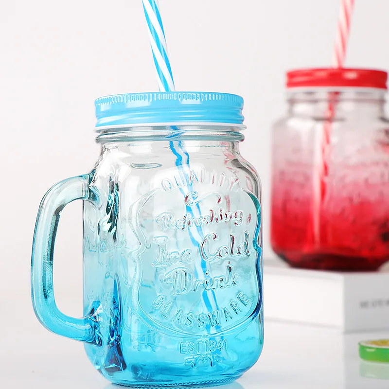 high quality colorful square 16oz glass mason jar with handles wholesale480ml juice mason jar with straw
