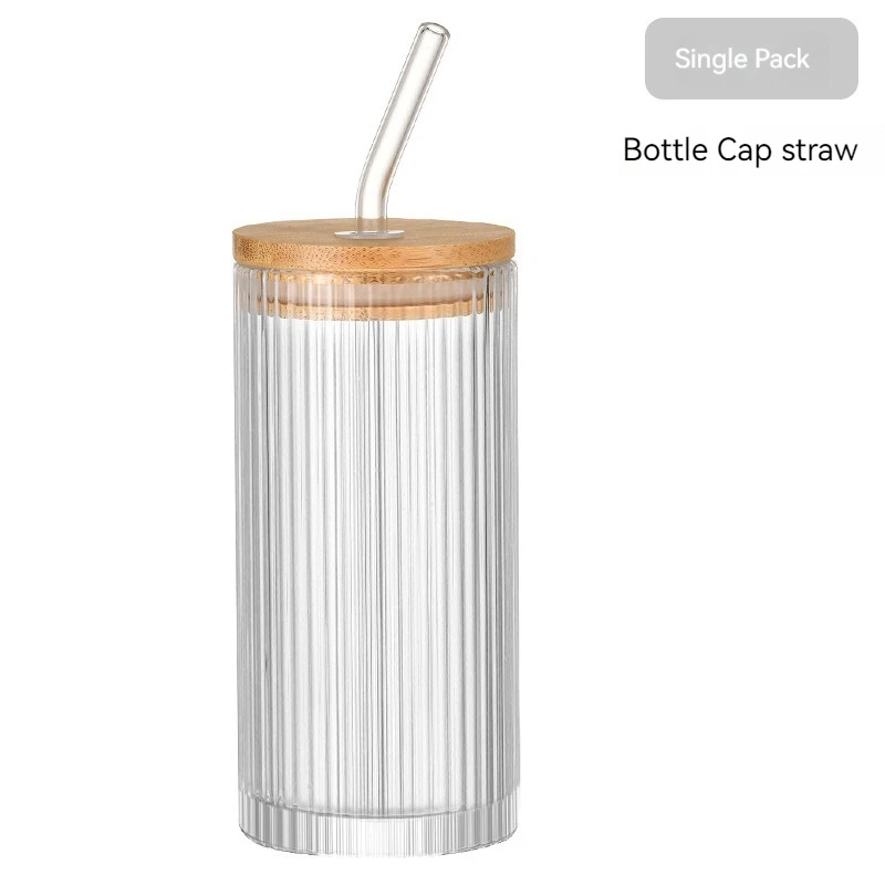 vertical grain Lid Drinking Glass Coffee 380ml Glass Cup Drinking Ribbed Clear Drinking Beverage Glass Cup With Straw