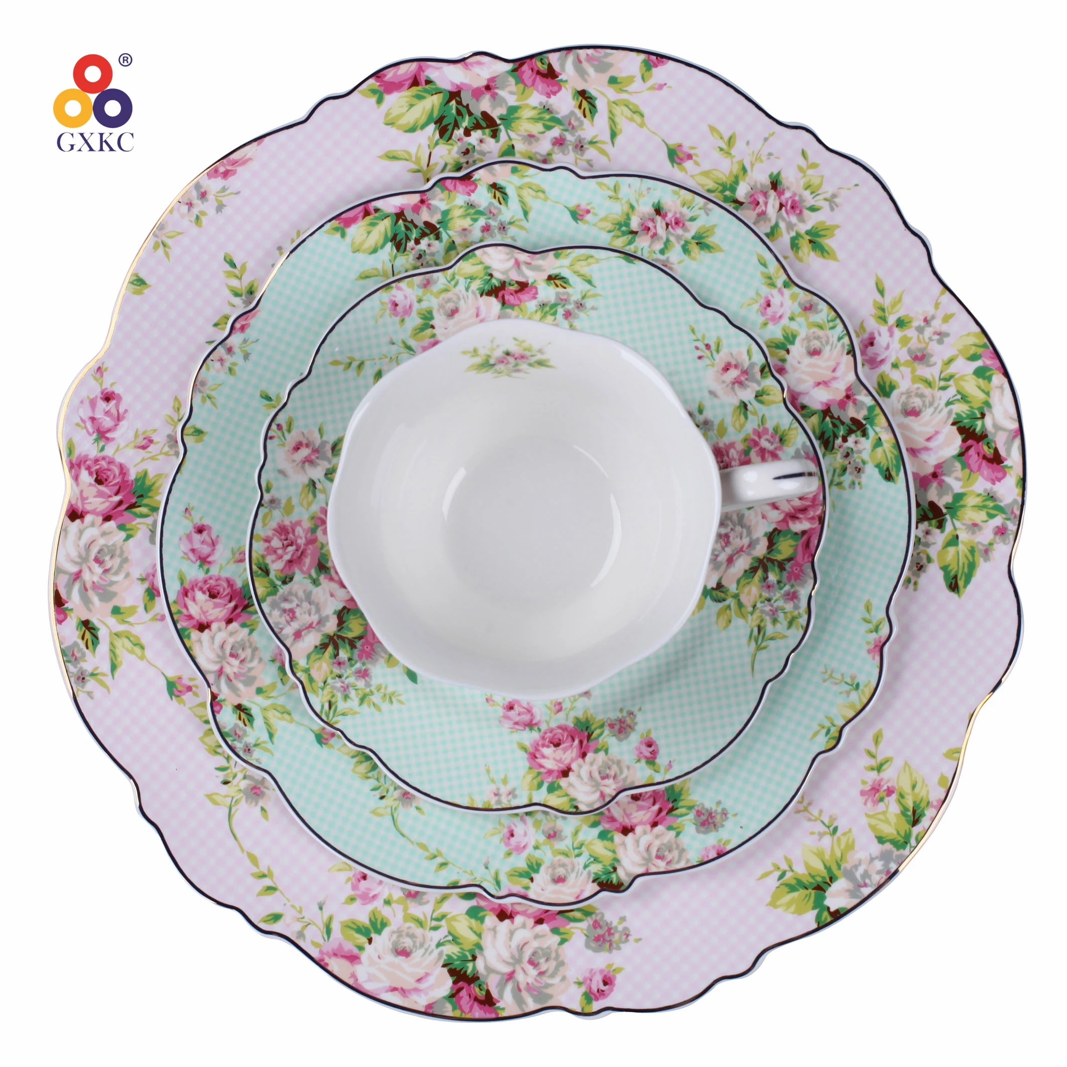 Chineses embossed gold 15pc ceramic porcelain tea cup and saucer set