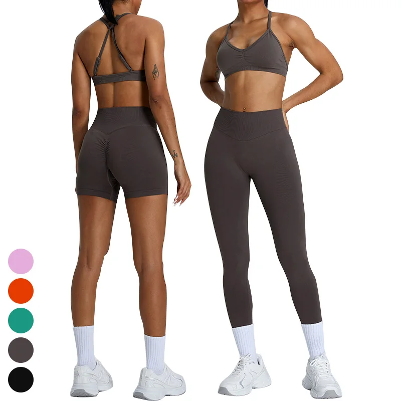 Breathable Quick Dry Womens Sets High Waist Butt Lift Sports Clothing 3 Piece Suit Gym Fitness Sets Seamless Yoga Set For Women