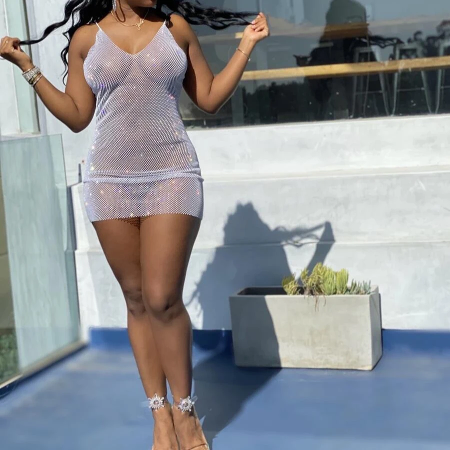 Женское Сетчатое мини-платье со стразами, эластичное облегающее ажурное платье на бретелях с V-образным вырезом для вечеринки в честь Дня Рождения, 2021
