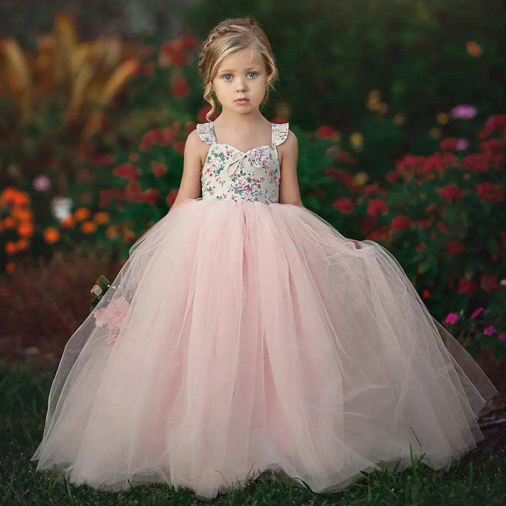 Elegant Girl Spliced Mesh Pink Floral Dresses Evening Party High Quality Lace Ball Gown Fancy Dress Costumes For Kids Girls