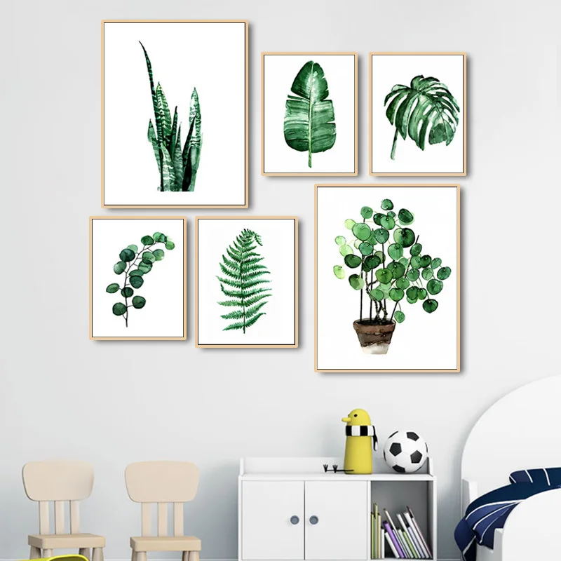 Watercolor Green Plants Leaves Canvas Paintings Nordic Scandinavian Office Wall Art Poster Picture for Living Room Home Decor