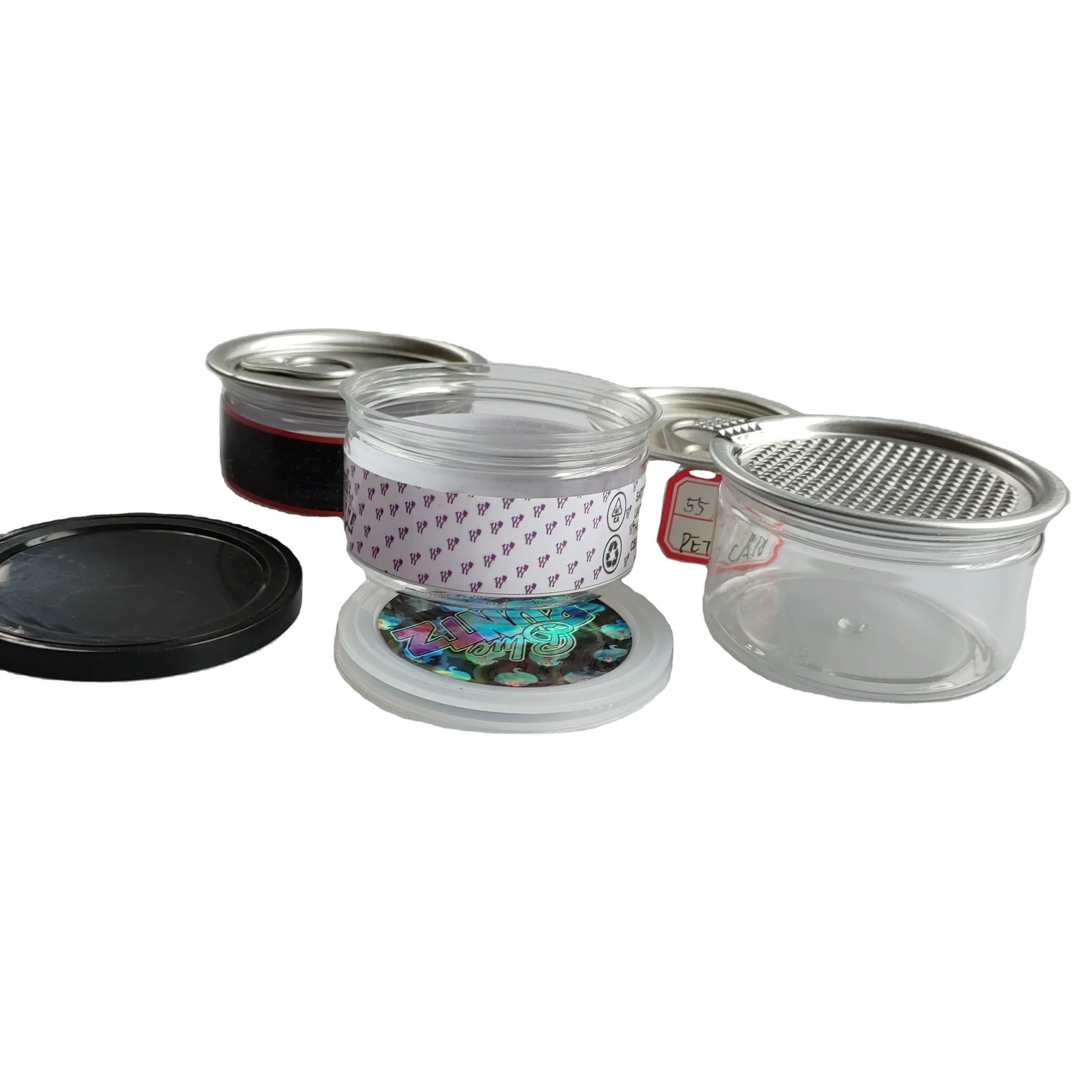 
White custom runtz plastic jar clear see through tuna can PET container for herb with label 