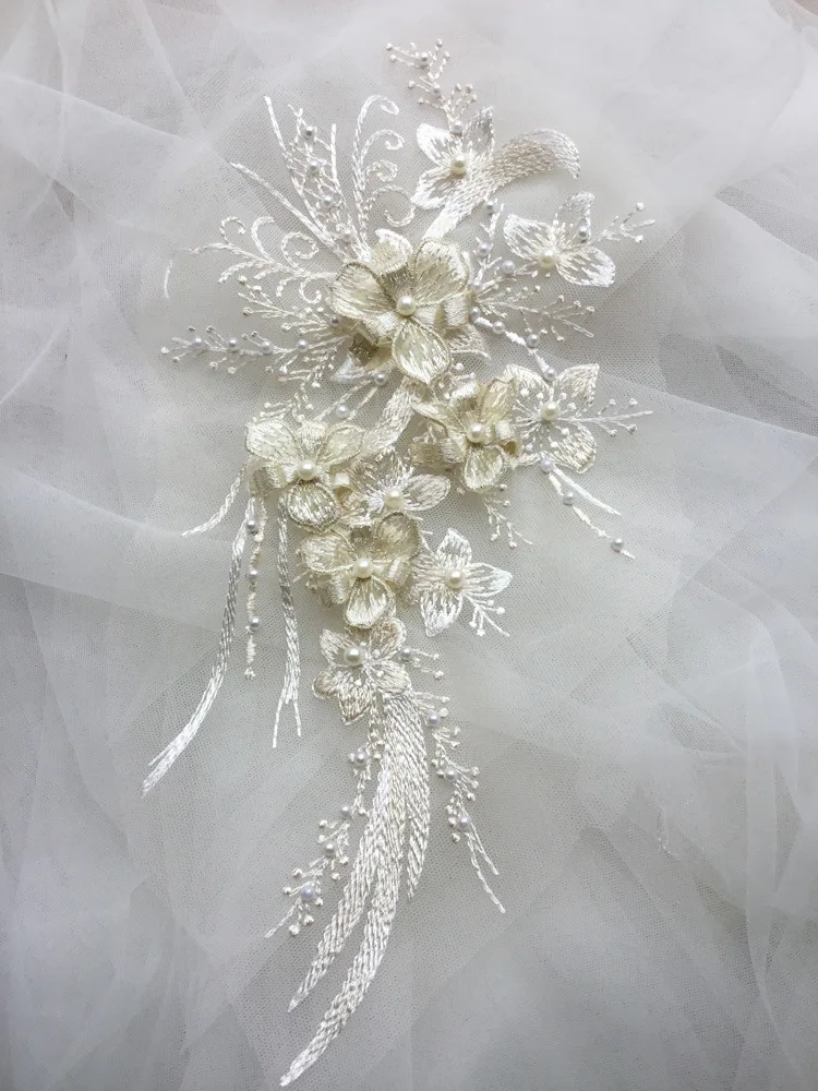 3D Flower Applique Beaded Sequins Flower LACE Patch Embossed Beading lace Appliques Mot For Bridal Wedding Dress