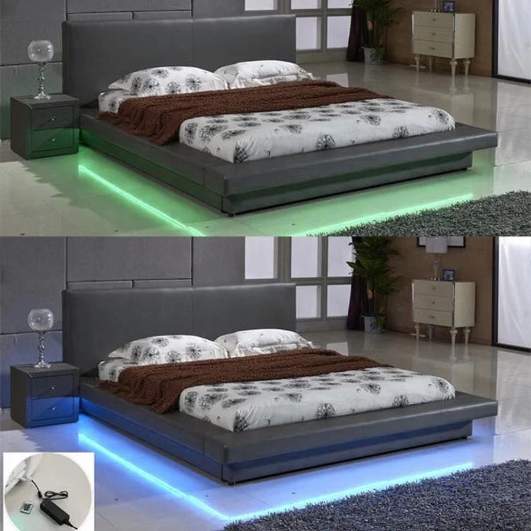 New fashion black double king size high headboard leather LED bed