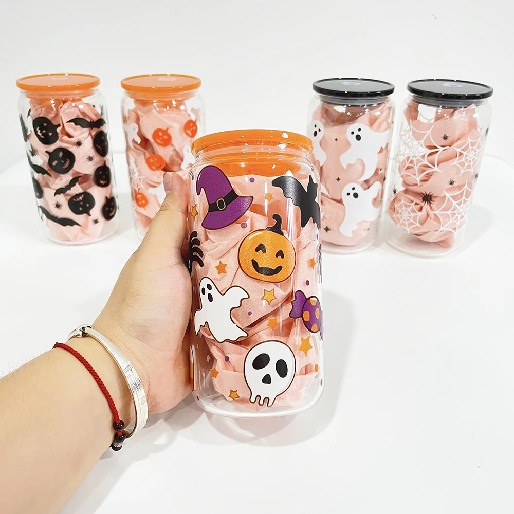 16oz Halloween design 3D touch UV printing beer glass can with plastic lid and clear PP straw Halloween printed glass can
