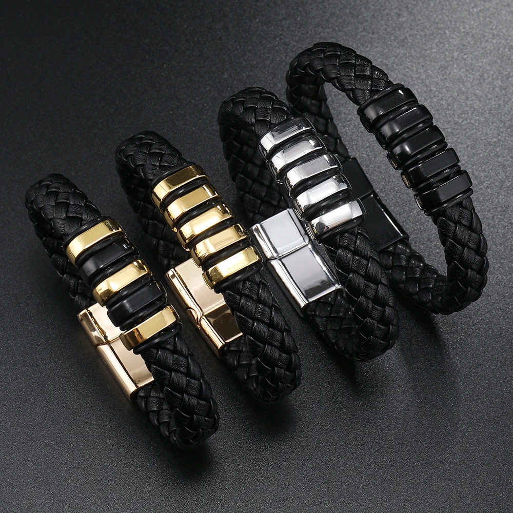 Good Quality Custom Leather Braided Bracelet magnetic buckle Gold Silver Plated Leather Bracelet For Men