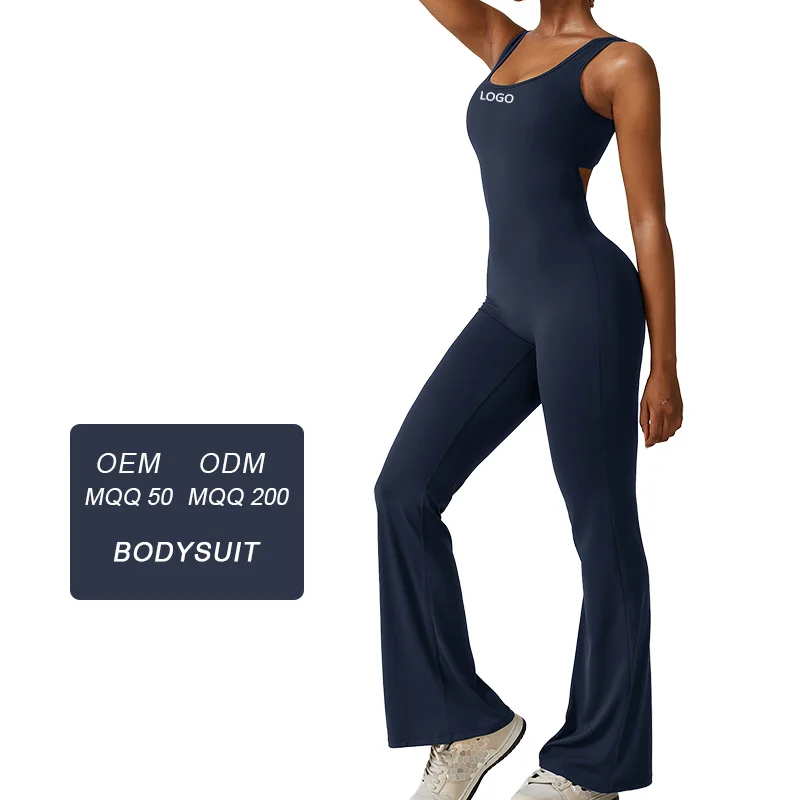 CLT8260 V Back Flare Jumpsuits for Women Built-in Bra Romper Full Length Unitard One Piece Jumpsuits Gym Wear Activewear