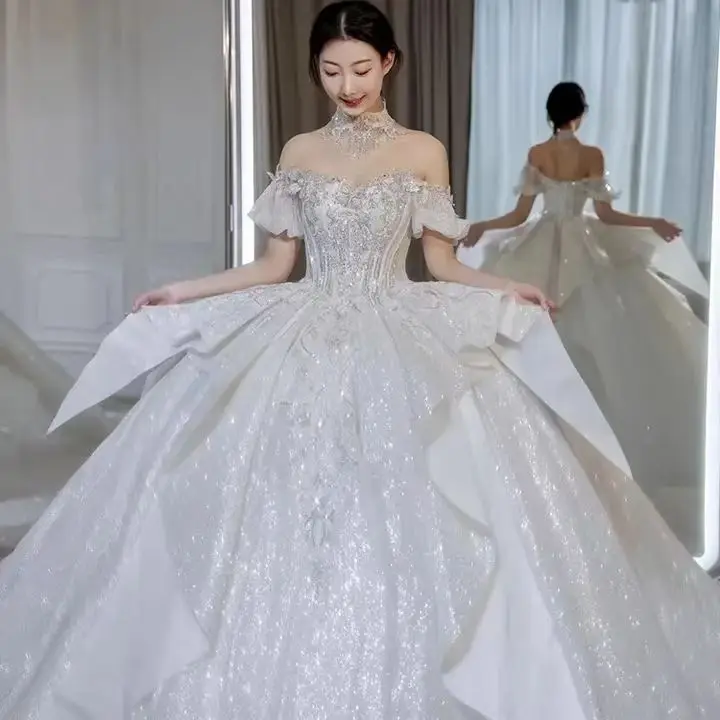 2024 new bride French style trailing off-shoulder starry sky fleeing super fairy princess summer