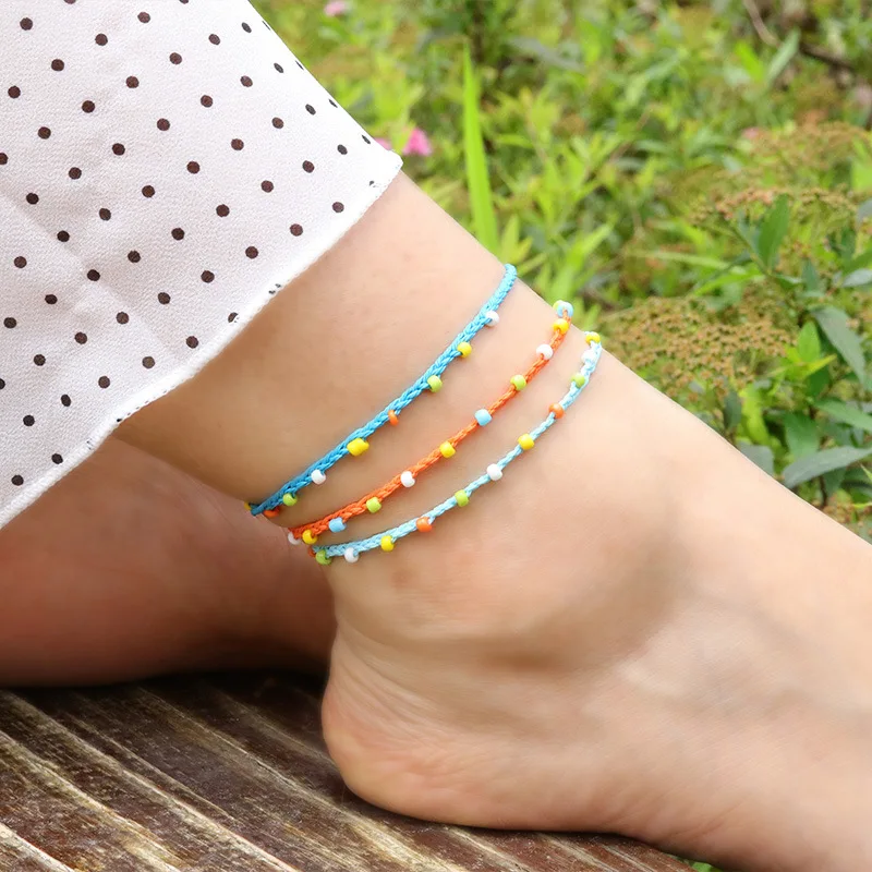 Ethnic Style Beach Friendship Rainbow Bead Adjustable Handmade Wave Strand Foot Chain Jewelry Braided Rope Turtle Anklet