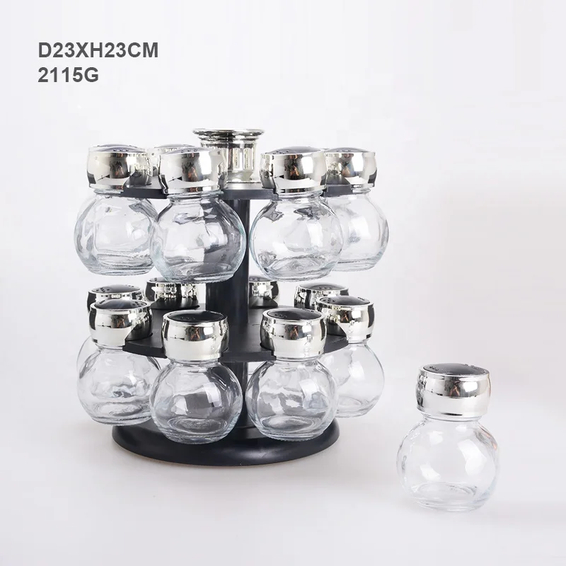 Wholesale SCIEC Household kitchen lead free 16PCS clear glass spice jar in PP revolving rack with handle