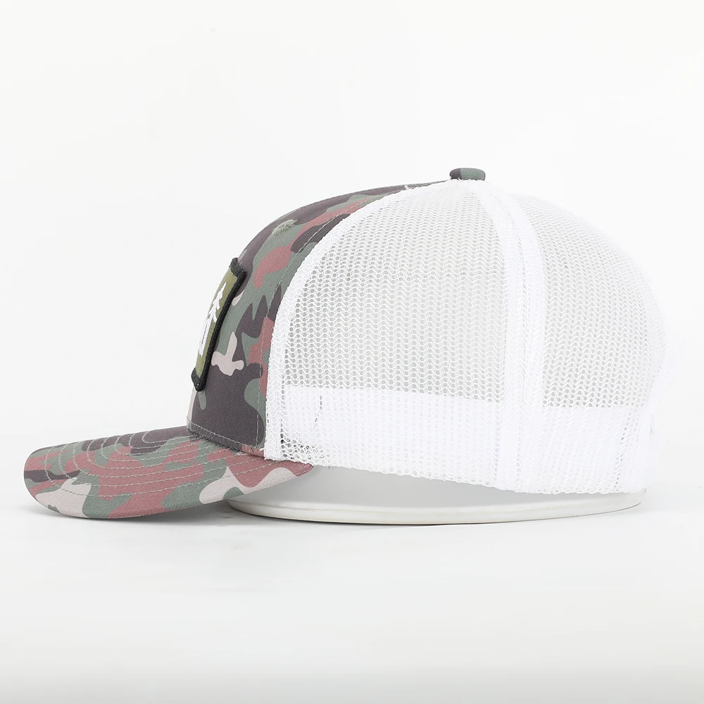 Custom High Quality 6 Panel Pre Curved Brim Embroidery Patch Logo Camo Pattern Mesh Snap Back Richardson 112 Trucker Cap Hat