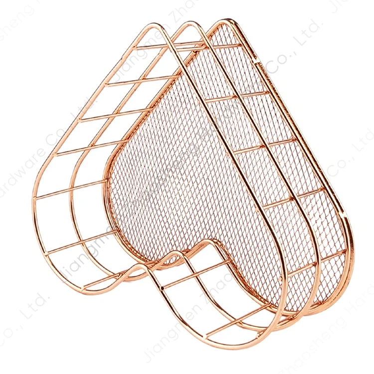 Heart-shaped Rose Gold Metal Wire Mesh Organizer Box Sundries Cosmetic Jewelry Desktop Storage Basket for Home Office