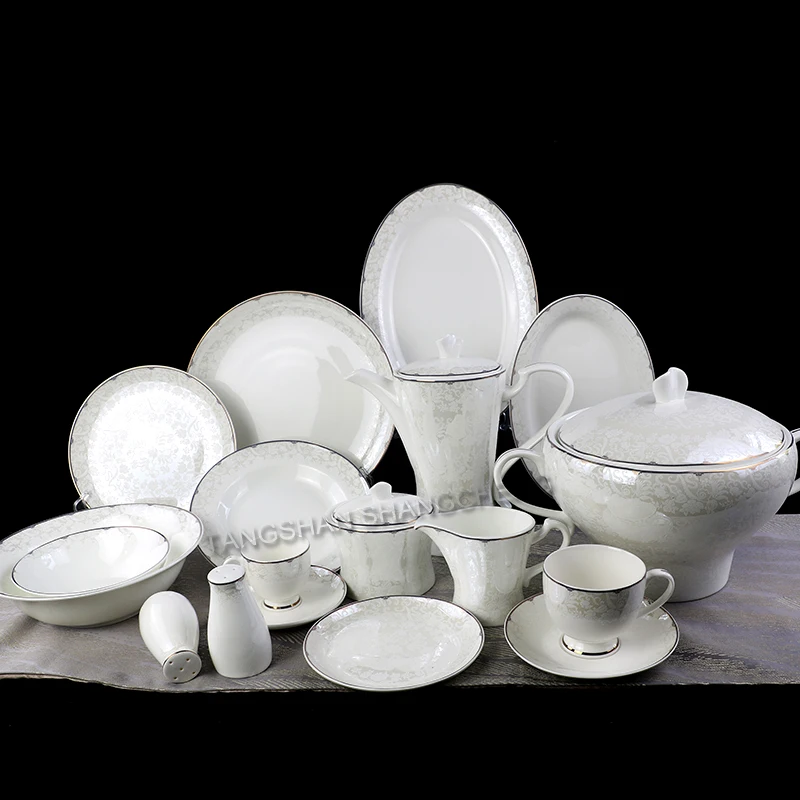 66pcs Fine Bone China Dinner Set For Egypt Market Embossed White Decal Full Decal Soup Tureen Dinnerware