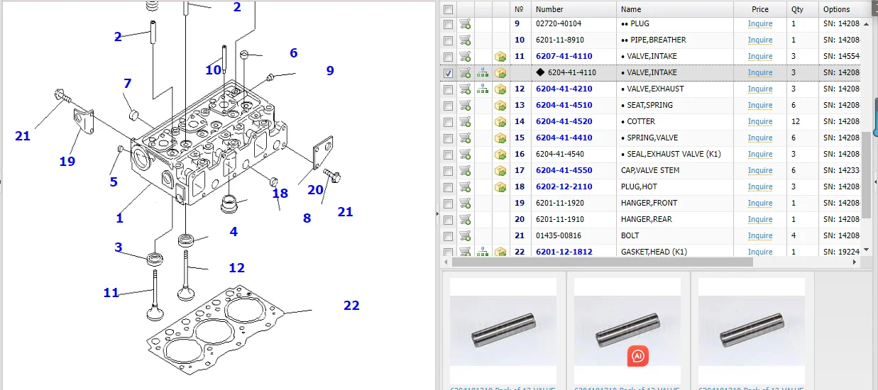 4D95 Diesel Engine Parts Intake Valve for PC 60-5 Excavator Exhaust Valve Intake Valve 4d95 Engine