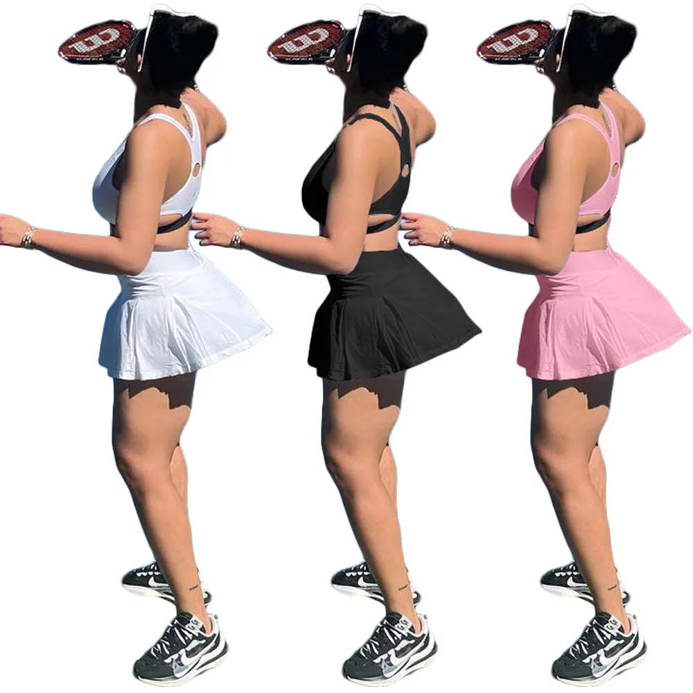 S-2XL 2022 summer women wear solid color jogger short tennis dress set Two Piece Jersey Dresses Sets