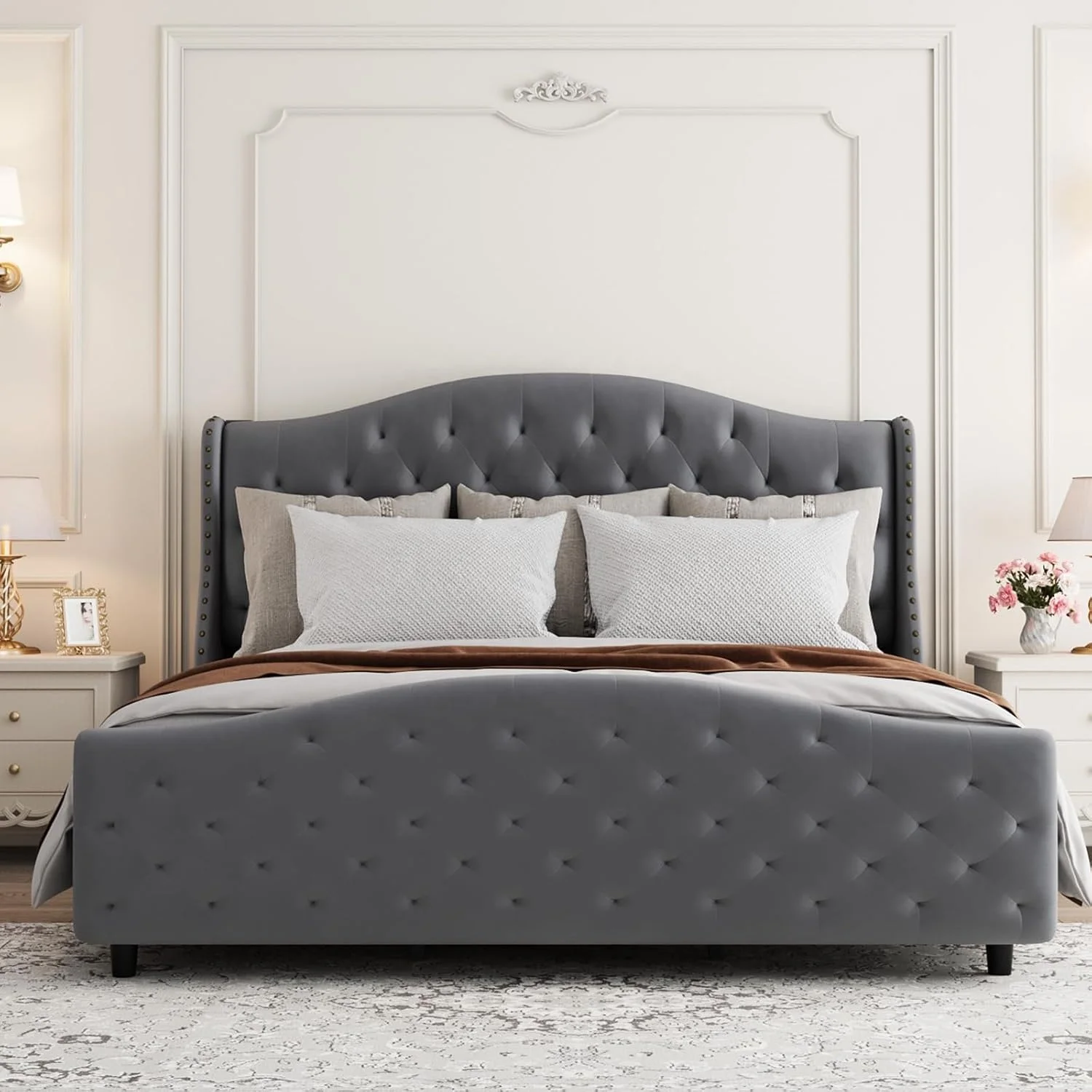 Queen King Size European design high buttons tufted curved headboard Customized size upholstered beds frame with nice price