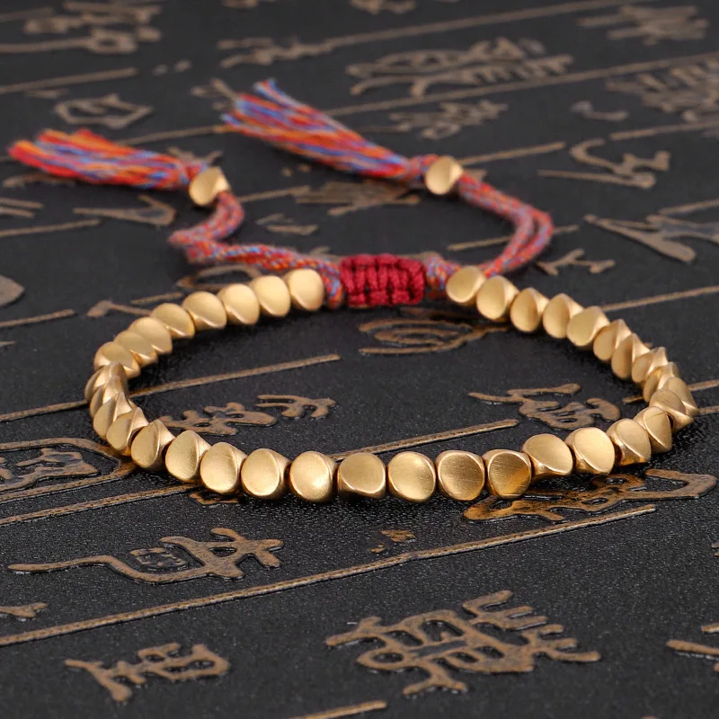 Handmade Tassels Tibetan Copper Beads Bracelet Buddhist Lucky Feng Shui Attract Wealth Rope Braided Adjustable Bracelet BHBP048