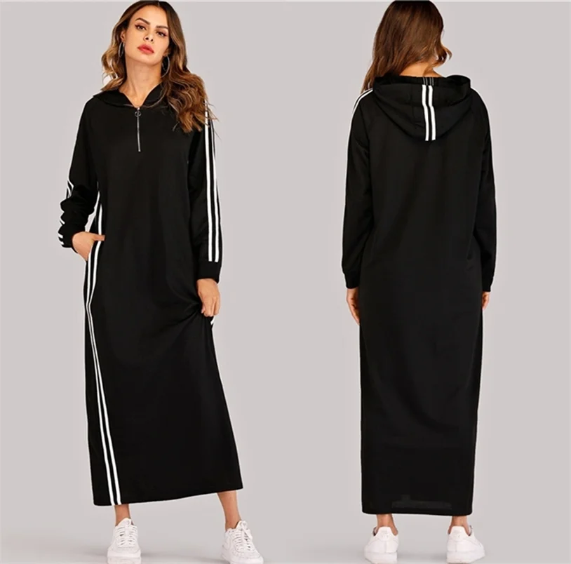 Custom Black Striped Zip Up Hooded Sweatshirt Dress Women Long Sleeve Sporting Casual Straight Long Sleeve Dress