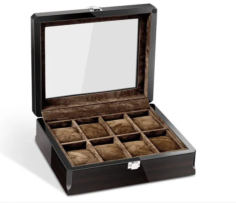 High quality luxury piano glossy lacquer 3 slots watch storage case with glasses window