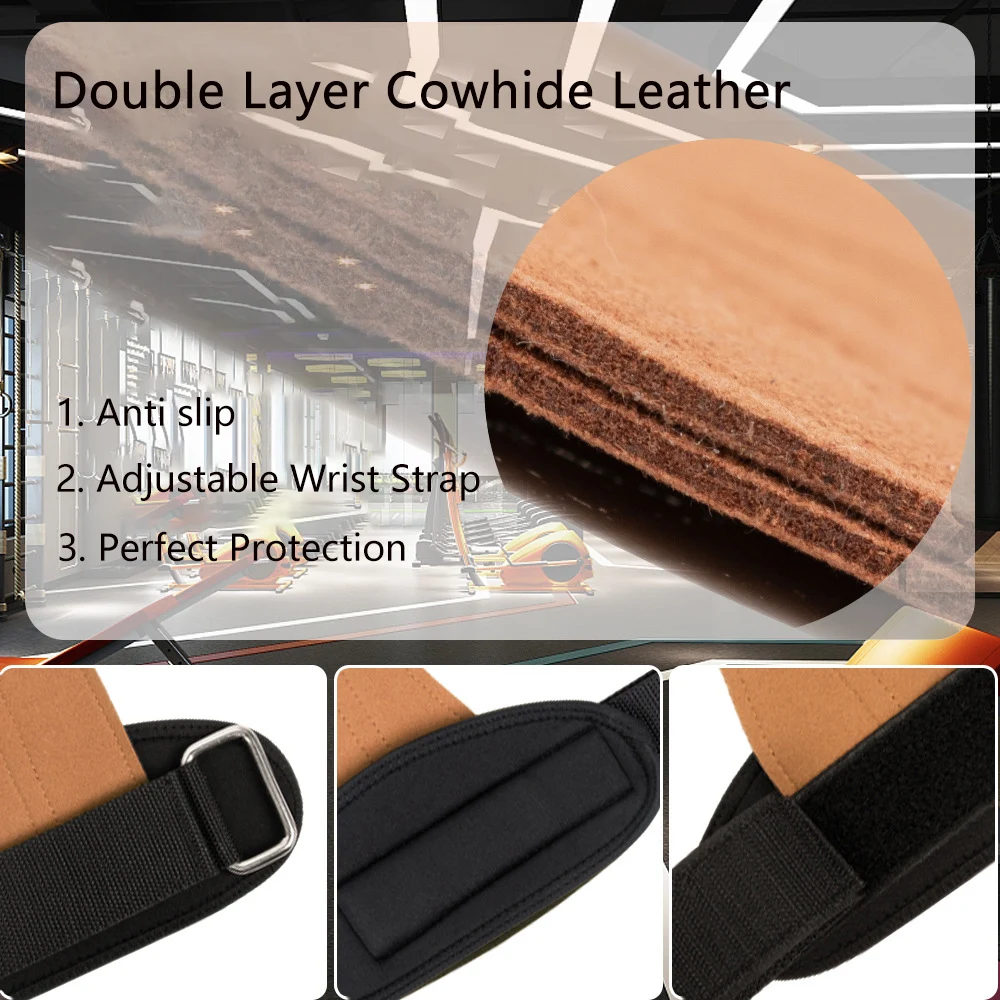 Adjustable Non-Slip Weight Lifting Grips Cowhide Leather Palm Pads For Deadlifts Pull-ups Wrist Wrap Gloves