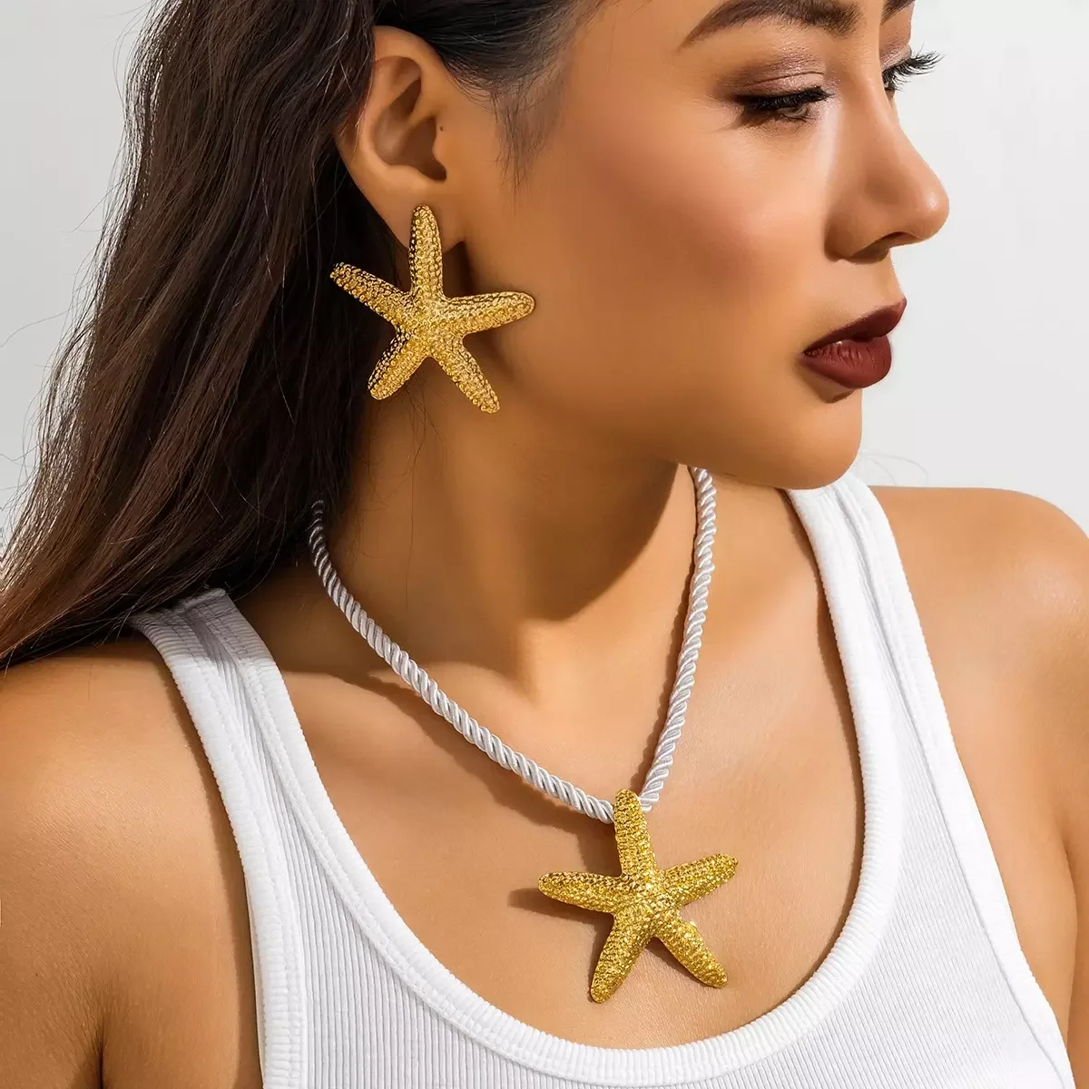 SHIXIN Fashion Exaggerated Boho Metal Big Starfish Star Pendant Choker Necklace Women Summer Punk White Chunky Chain Y2K Jewelry