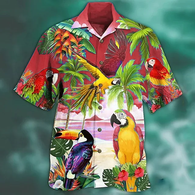 Wholesale Plus Size Hawaiian Shirts Custom Vintage T shirt 3D Printed Animal Parrot Graphic Short Sleeve Button-Down Man Top