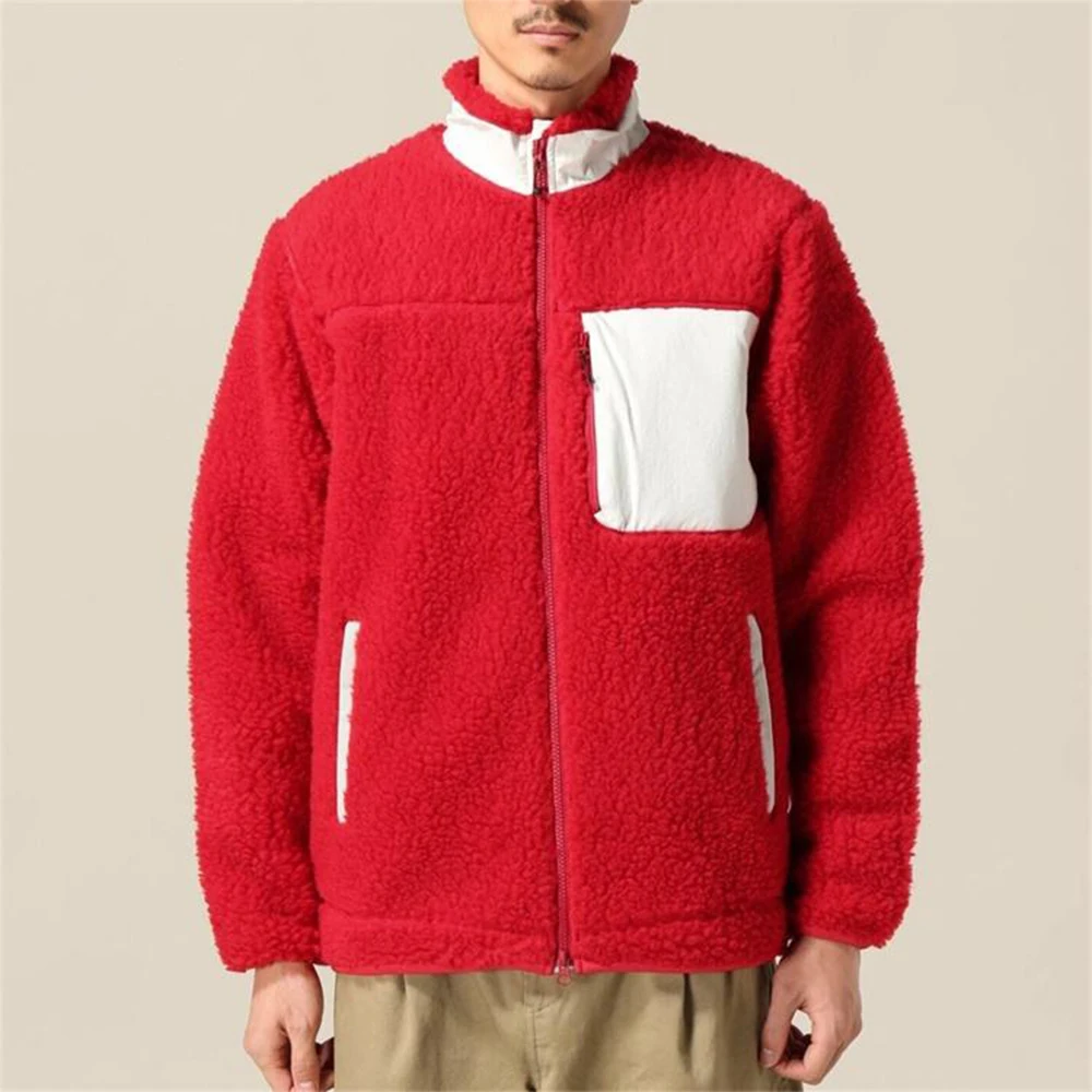 OEM Custom Men High collar Berber Fleece Sharp Jacket With Color Block Front Pocket Soft Fleece Jackets